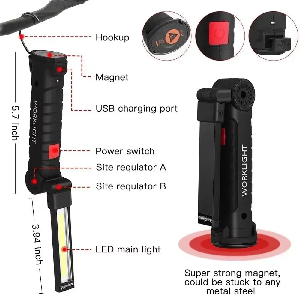 1/2/3/5Pcs Magnetic COB LED Flashlight Portable USB Rechargeable Work Light Hanging Lamp with Built-In Battery Camping Torch