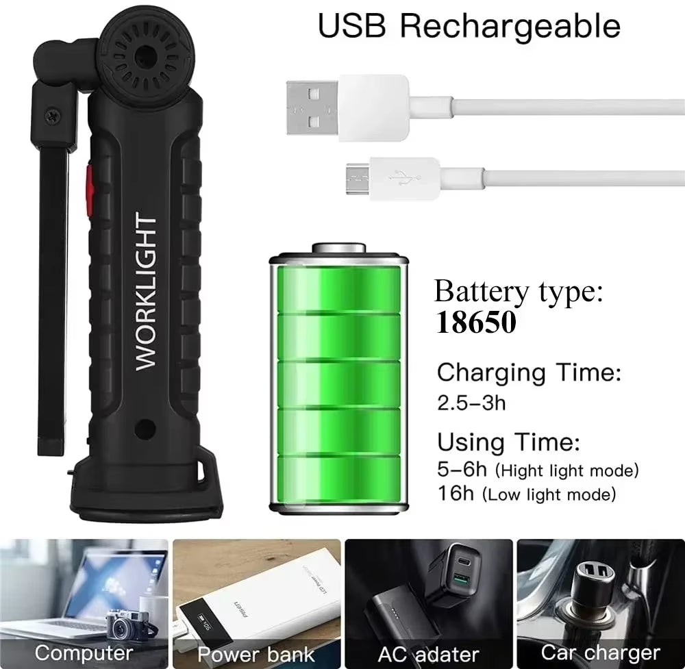 1/2/3/5Pcs Magnetic COB LED Flashlight Portable USB Rechargeable Work Light Hanging Lamp with Built-In Battery Camping Torch