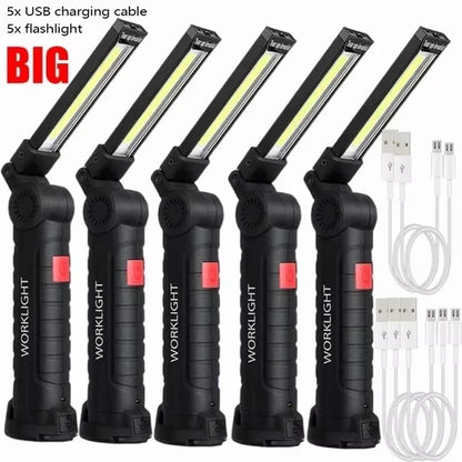 1/2/3/5Pcs Magnetic COB LED Flashlight Portable USB Rechargeable Work Light Hanging Lamp with Built-In Battery Camping Torch